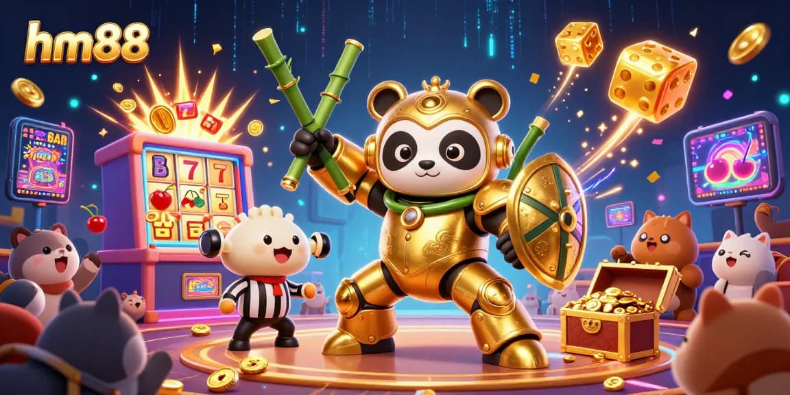 hm88 showcases thrilling casino adrenaline with vibrant characters and dynamic gaming elements in a captivating 3D scene.