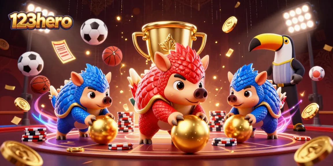 Experience thrilling gameplay with 123hero's dynamic pangolin champions bowling towards golden poker chips.