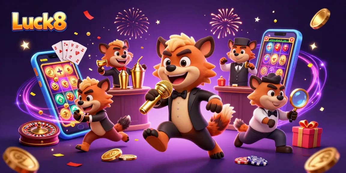Enjoy Luck8's vibrant comedy casino scene with hyenas and exciting game elements.