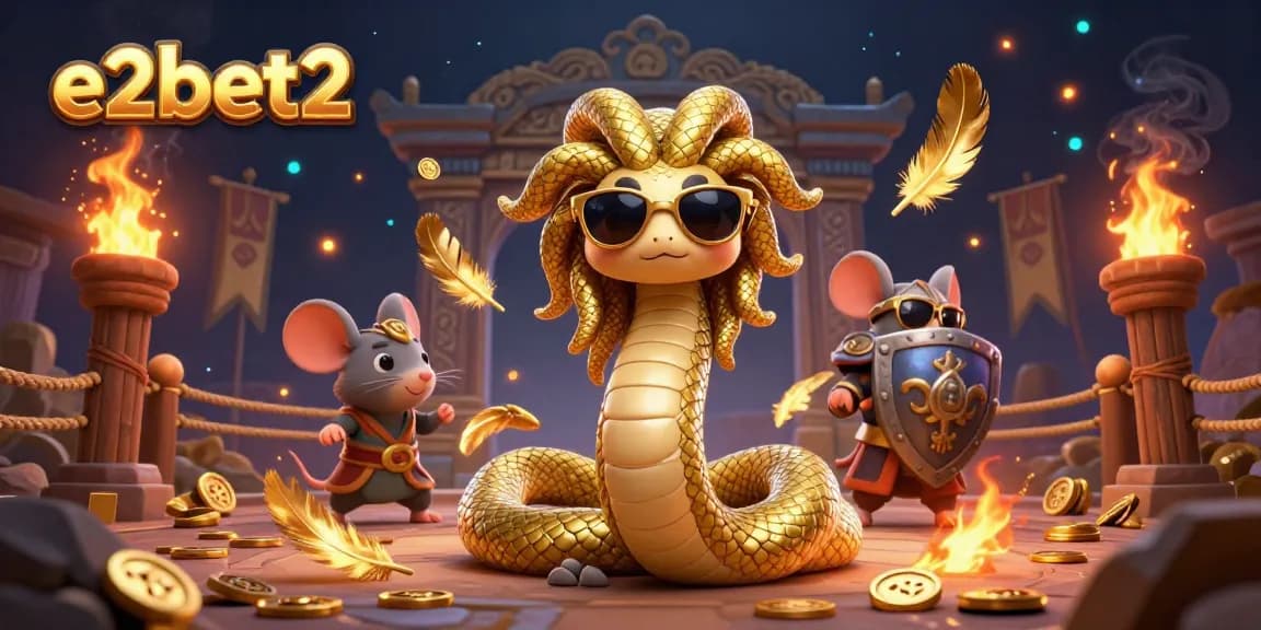 Experience the thrilling gaming world of e2bet2 with a cute Medusa and warrior mouse illustration.