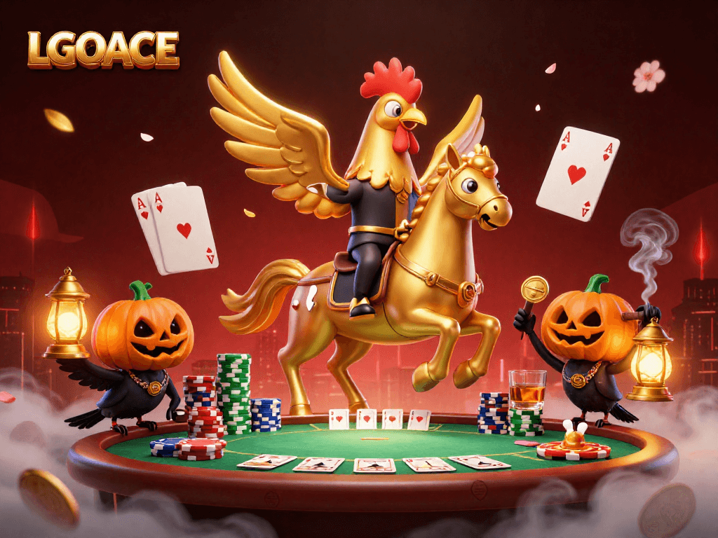 Engage in thrilling gameplay at LGOACE with a dynamic casino scene featuring a golden rooster and poker elements.