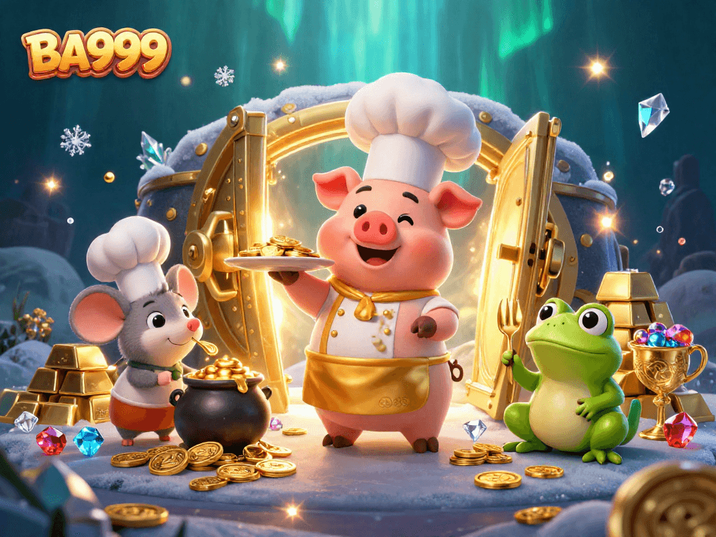 Experience winning with BA999's vibrant casino scene showcasing gold, treasures, and dynamic characters.