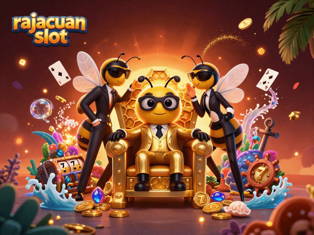 Engage with the rajacuan slot through a vivid casino scene with animated characters and vibrant elements.