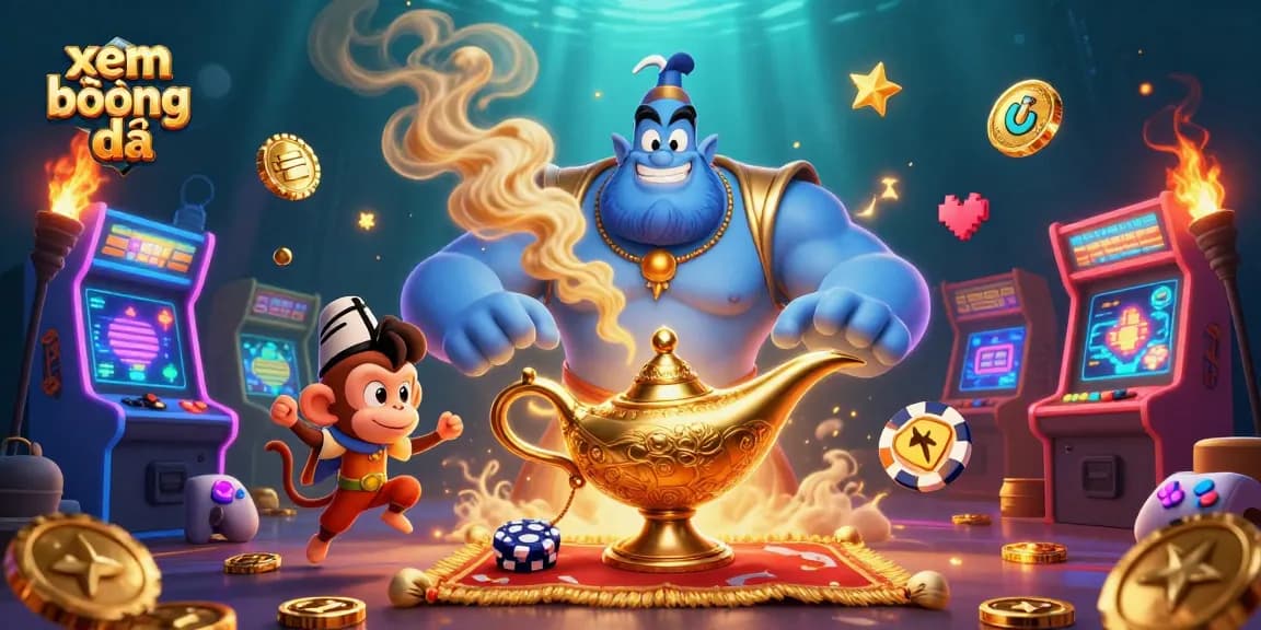 xem bóng đá in an engaging casino scene featuring a genie and colorful game elements