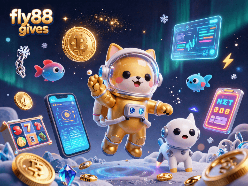Experience thrilling gameplay with fly88 gives, featuring vibrant slot reels and glowing crypto coins.