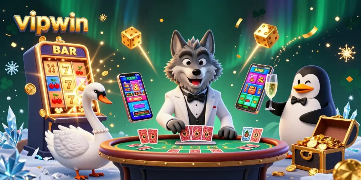 Engage in thrilling vipwin gaming with a cartoon wolf, swan dealer, and penguin presenter amid dazzling casino elements.