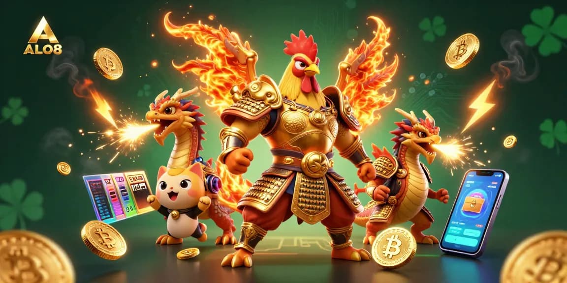Engage with ALO8's illustrated scene of a samurai rooster, dragon, and money symbols exuding energy.