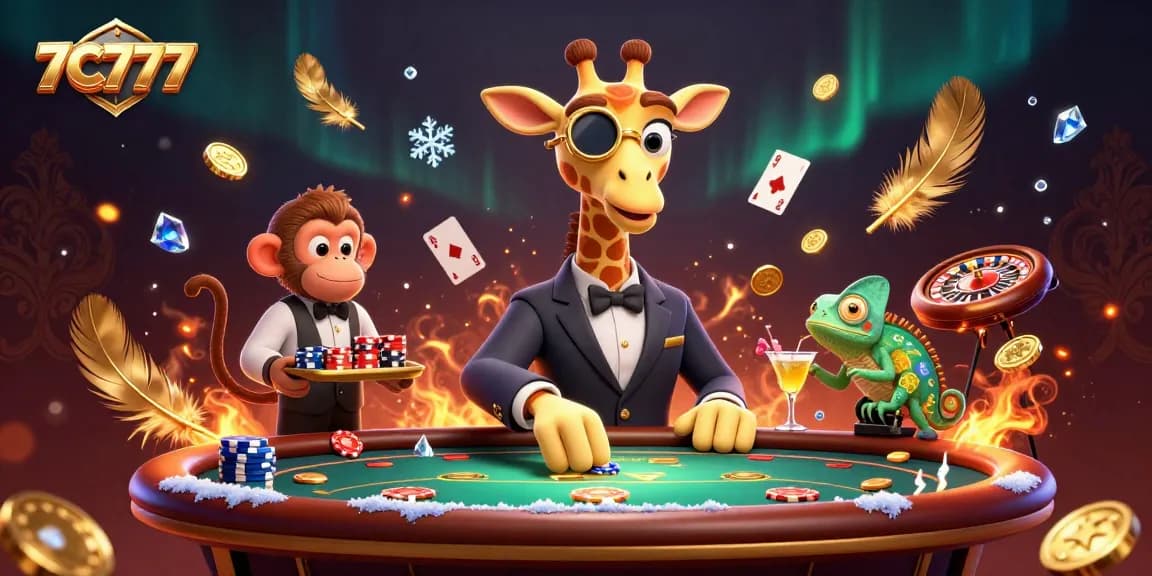 7C777 slots action scene with high-roller giraffe, monkey valet, and chameleon bartender.