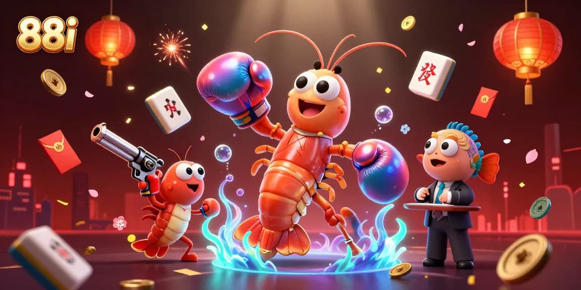 88i presents an exciting scene with cartoon shrimp characters amidst festive casino elements.