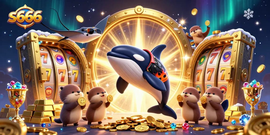 S666 online casino scene featuring a cartoon orca, stingray, and otters celebrating with treasure and slot elements.