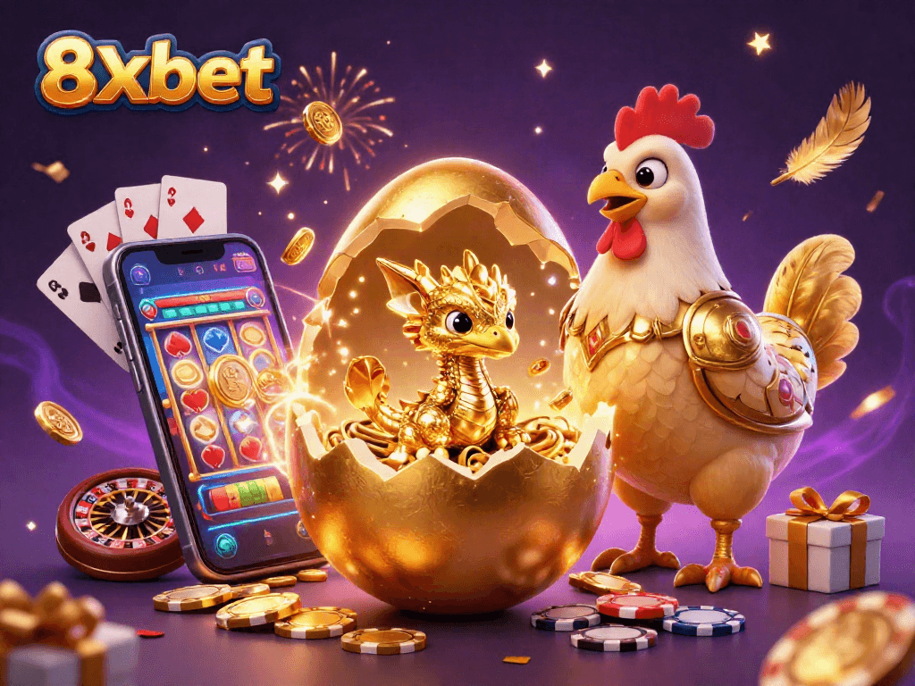 Experience the excitement of 8xbet with a dazzling golden dragon and poker chips in this vibrant 3D illustration.