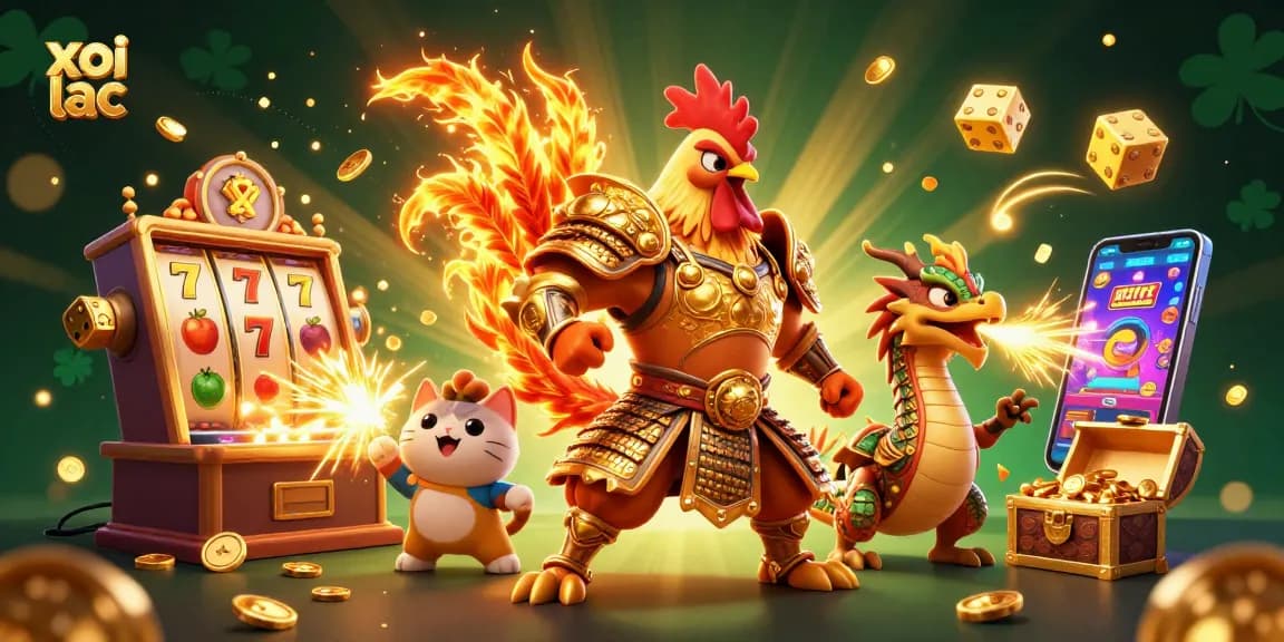 Experience thrilling xoi lac gambling action with a dynamic rooster warrior and dragon amidst casino excitement.