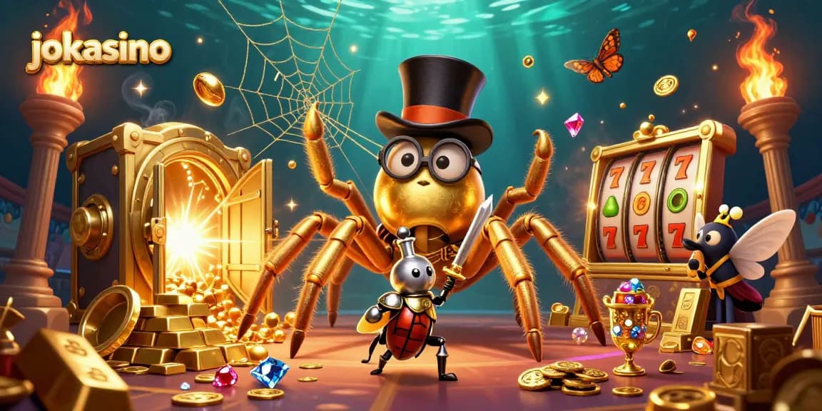Experience exciting wins at jokacasino with vibrant slot machines and engaging characters in this dynamic illustration.