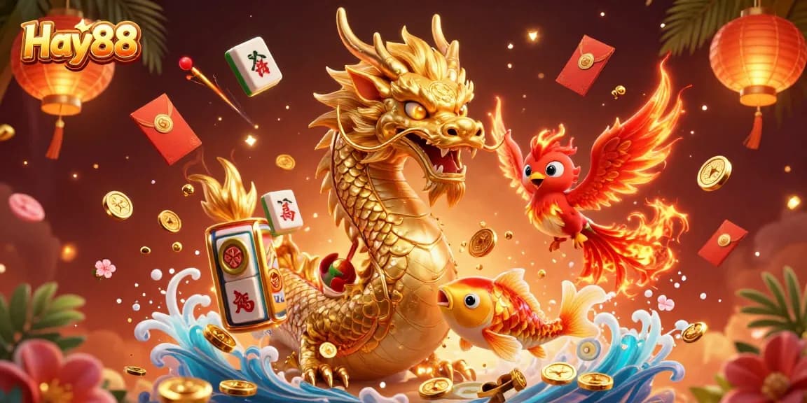 Experience the excitement of Hay88 with a vibrant festival-themed illustration showcasing a dragon, phoenix, and inspiring casino elements.
