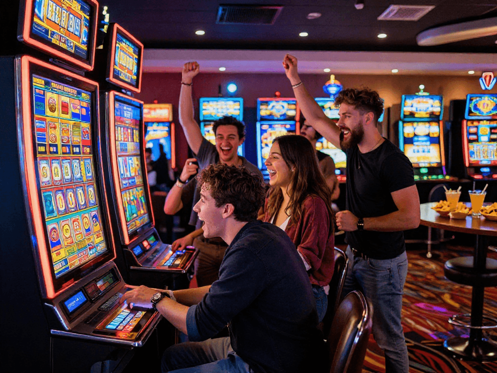 Exciting casino scene with friends celebrating a slot jackpot win, vibrant lights and dynamic atmosphere