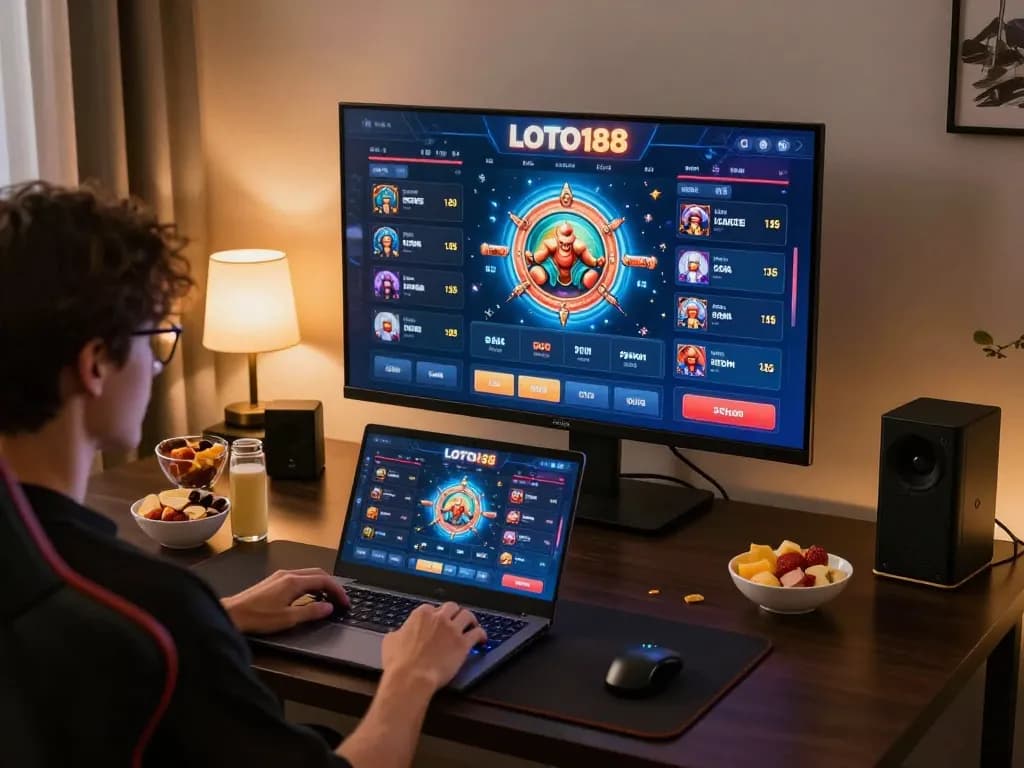 Person engaging in online LOTO188 gameplay on a laptop, showcasing immersive betting experience.