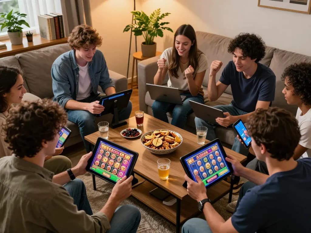 SLOT88 online gaming experience with friends celebrating wins in a cozy living room.