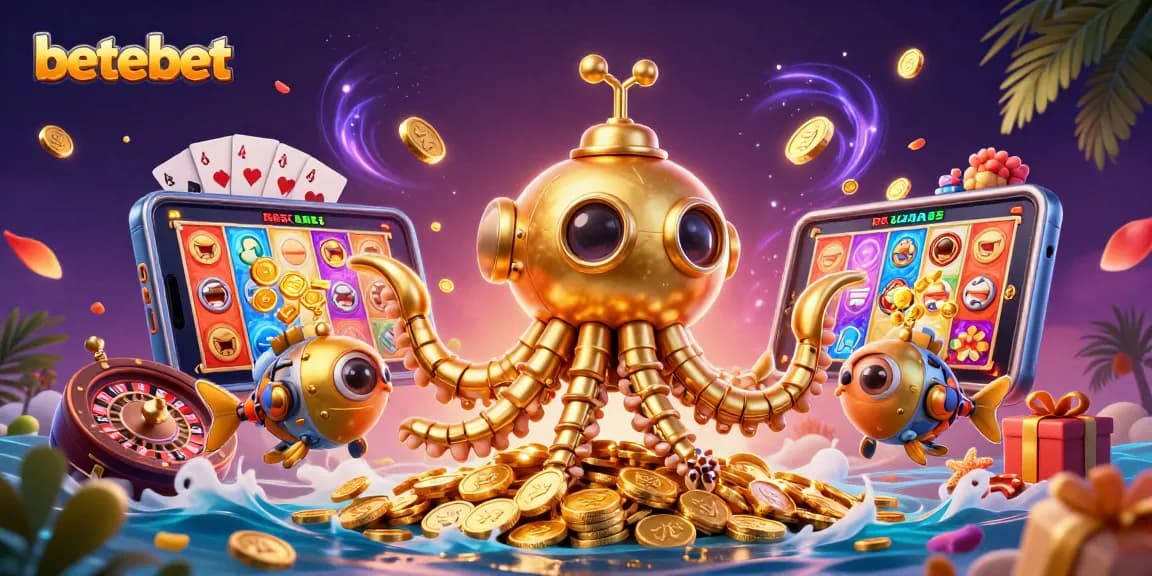 Engage with betebet's vibrant slot games amidst golden coins and a dynamic casino scene.