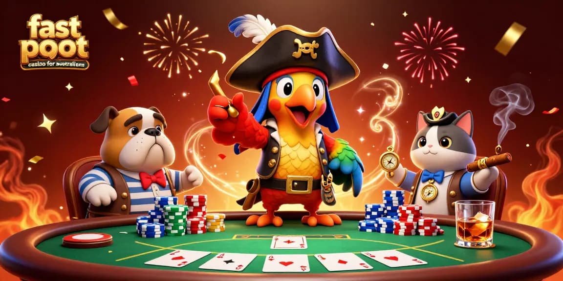 Engage in a vibrant scene featuring a fast payout casino for australians with playful characters and casino elements.