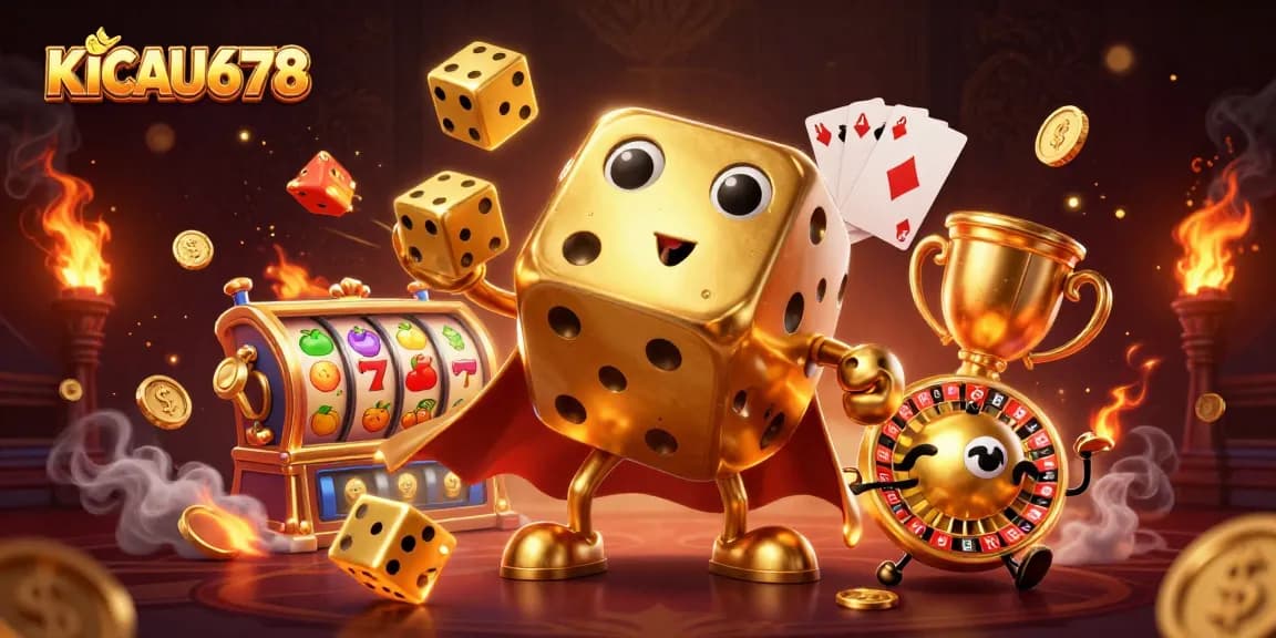 KICAU678 engaging users with an exciting scene featuring a golden dice golem, slot elements, and dynamic graphics.