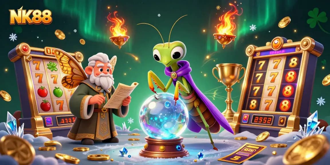 Engage in thrilling gameplay with NK88's exciting slot games featuring animated fortune tellers and rich rewards.