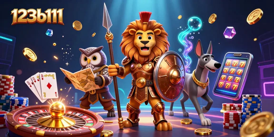 Engage with the thrilling world of 123b111 as a Spartan lion and friends celebrate winning moments filled with gold coins and games.