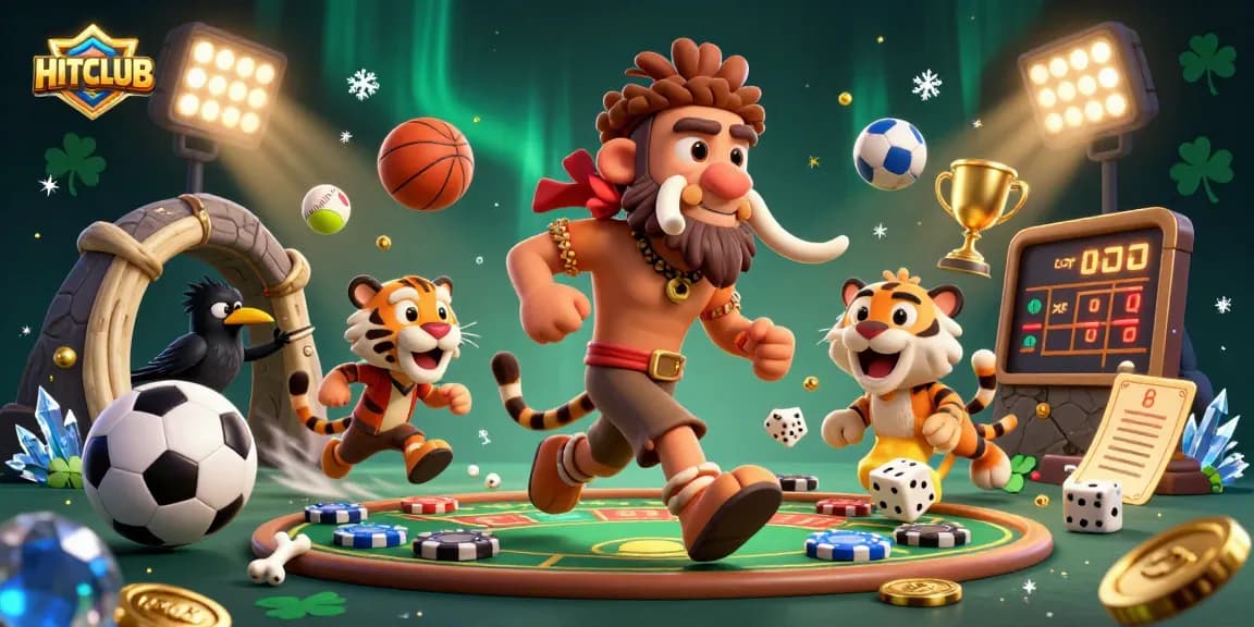 Experience the excitement of HITCLUB with a vibrant 3D casino scene featuring a caveman and sabertooth tiger duo.