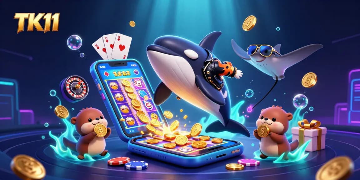 Experience thrilling gameplay at TK11 with an orca, stingray, and otters celebrating wins amidst vibrant slot game visuals.
