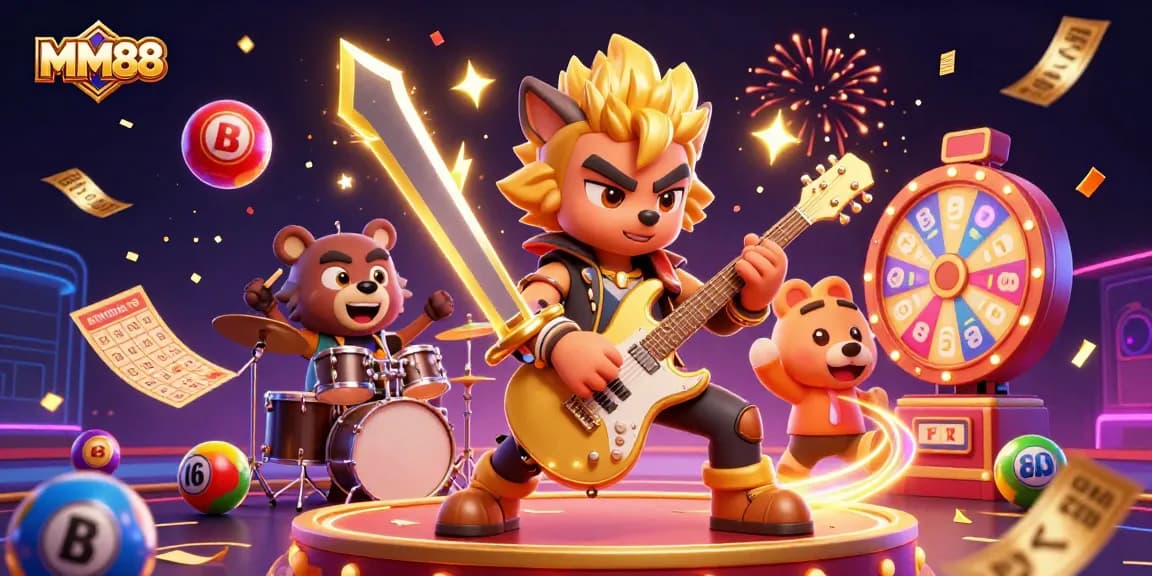 Experience excitement with MM88 in an engaging 3D scene of a rock star wolf and drummer bear.