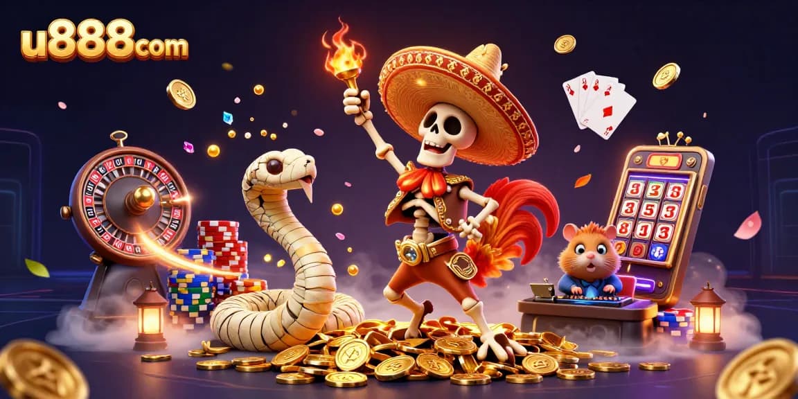 Celebrate winning moments at u888com with a vibrant 3D casino scene featuring dynamic characters and casino elements.