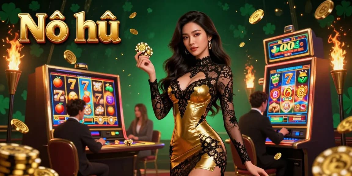 Win big with Nổ hũ at a slot machine, featuring a confident Asian woman amidst spinning reels and golden accents.