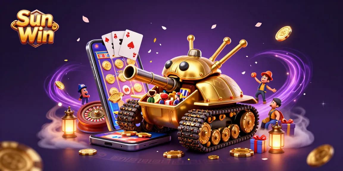 Experience the excitement of Sun Win with a dynamic 3D casino scene featuring a golden beetle tank and interactive game elements.