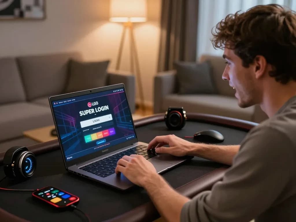 Player accessing LGOSUPER LOGIN on laptop for online slot gaming experience.