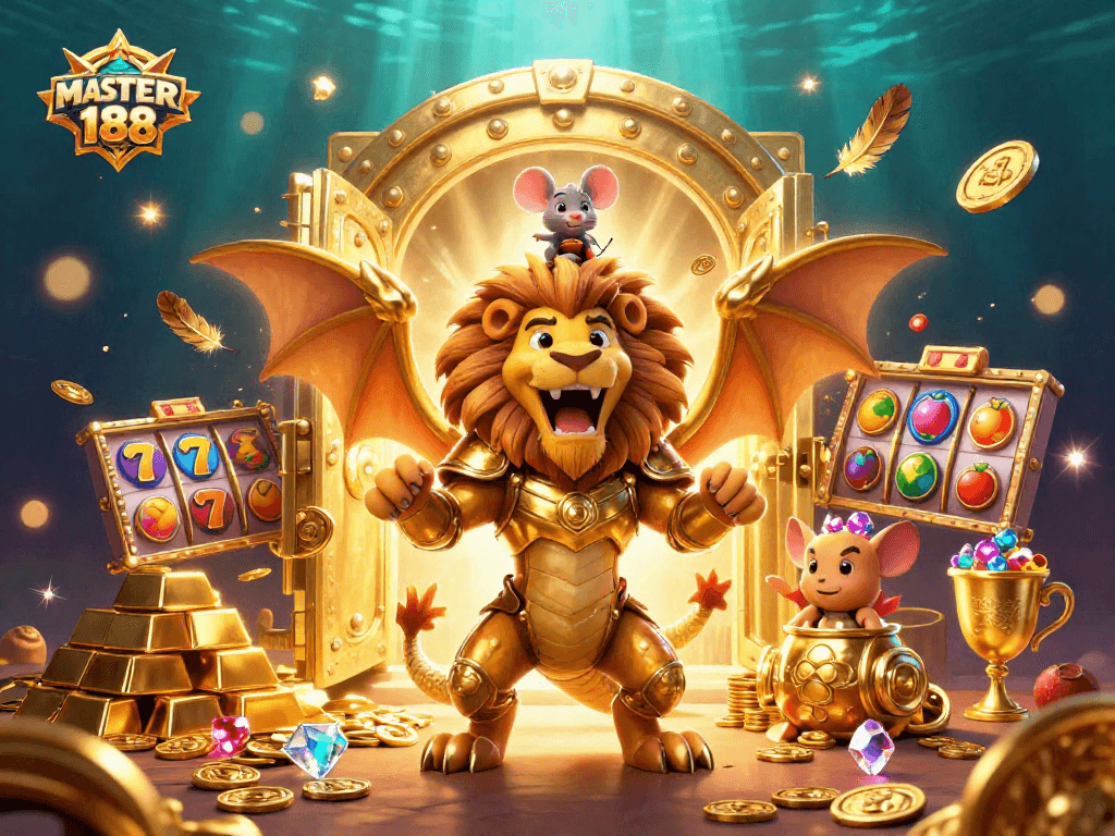 Experience thrilling wins with MASTER188's dynamic gaming scene featuring slots and treasures.