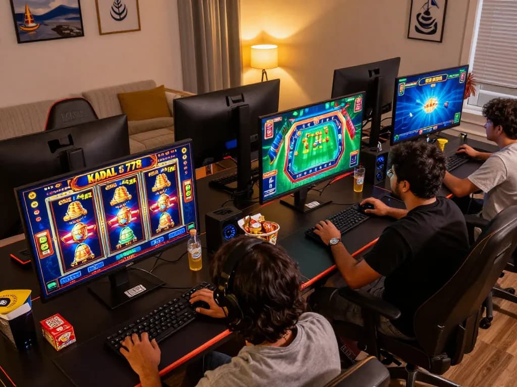 KADAL 778 themed online gaming setup with multiple screens showing engaging casino games.