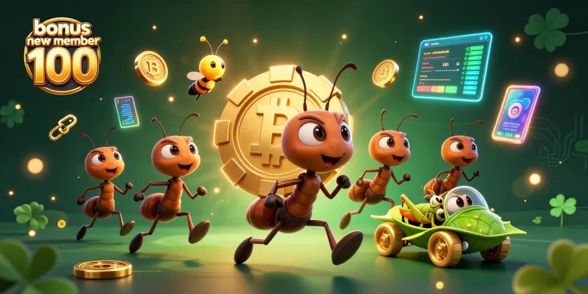 Join the excitement of bonus new member 100 with energetic ants and glowing crypto elements in a thrilling casino heist scene.