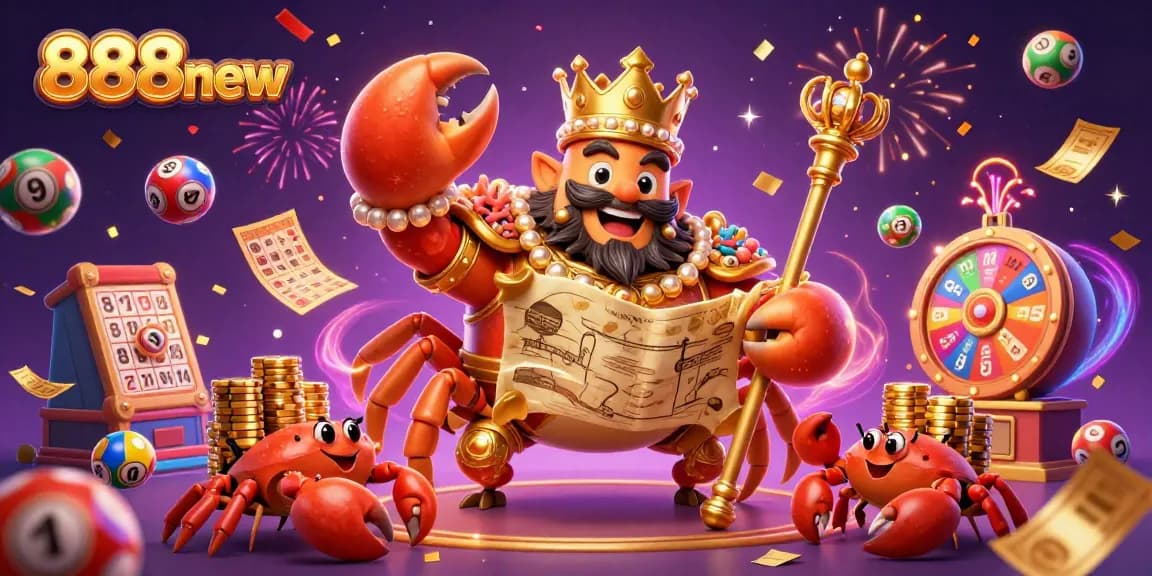 Engage with the vibrant casino world of 888new featuring a golden crab emperor, lottery games, and rich visuals.