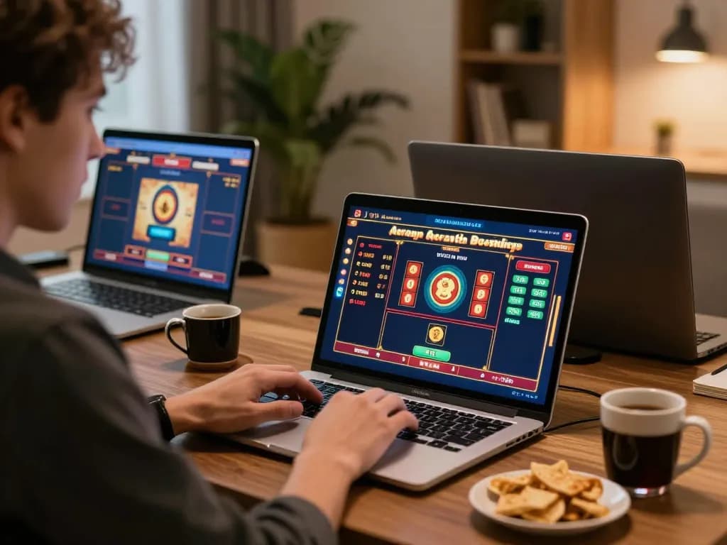 Player enjoying UG DEWA slot games at home with laptop and snacks in a cozy setup