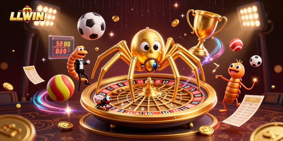 LLWIN offers dynamic betting action with a golden spider and centipede croupier in an engaging online casino scene.