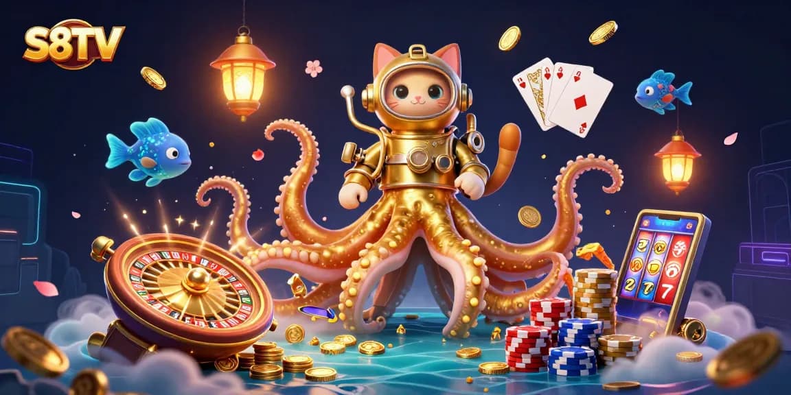S8TV captures an exciting moment in gambling with a dynamic underwater scene showcasing a colossal kraken and vibrant elements.