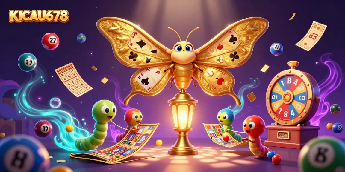 KICAU678 slots platform featuring a vibrant 3D illustration with a butterfly, golden lanterns, and dynamic casino elements.