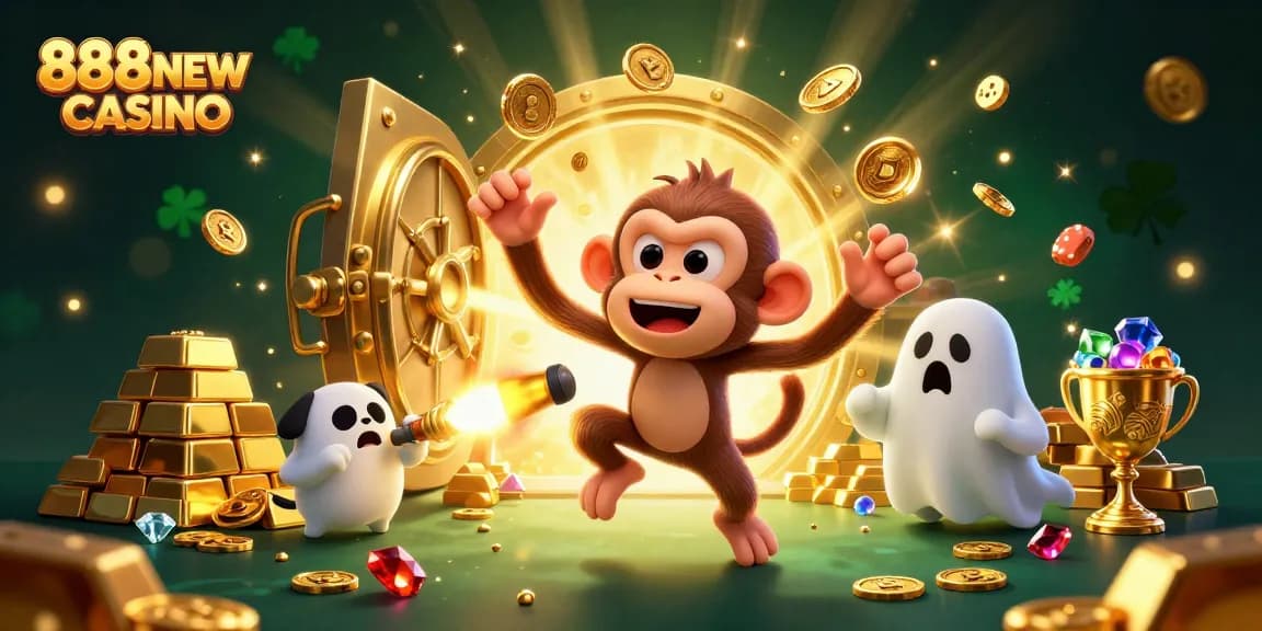 Experience the excitement of 888NEW CASINO with a 3D lively illustration showcasing a mischievous monkey and a curious puppy.