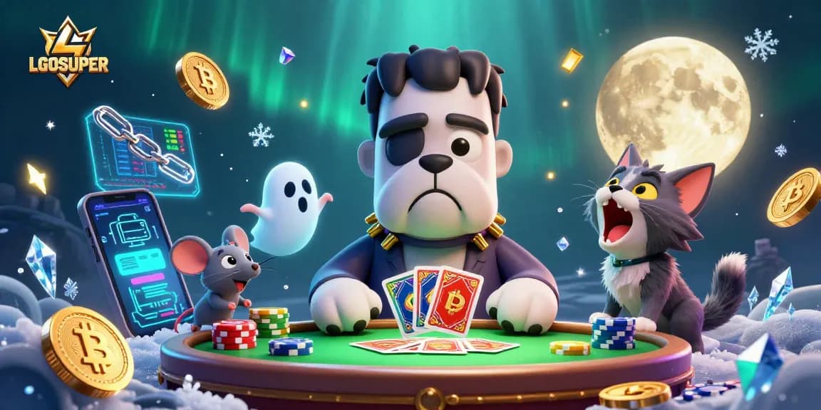 Experience thrilling gameplay with LGOSUPER as a Frankenstein bulldog deals cards at a spooky casino table.
