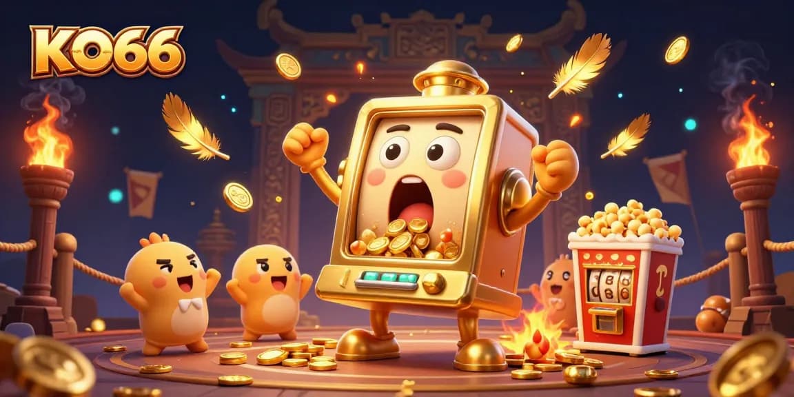KO66 slot machine celebrates big wins with an animated casino scene of vibrant golden coins.
