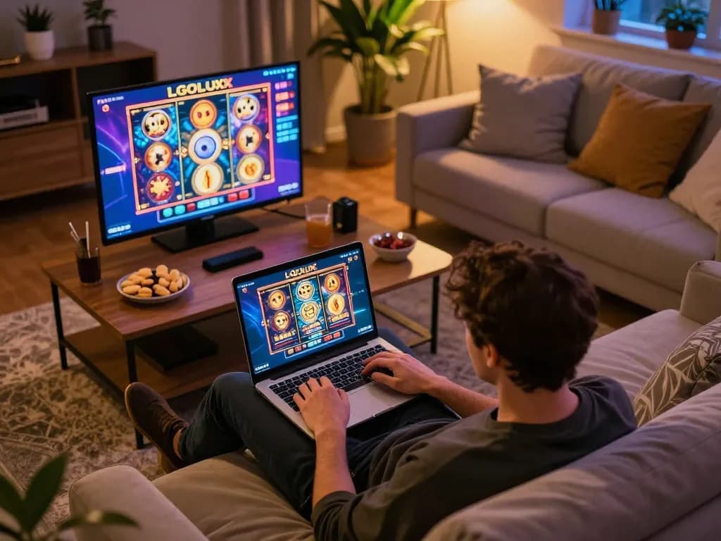 A person accessing LGOLUX LOGIN to play slot games in a cozy home setting, with snacks and laptop visible.