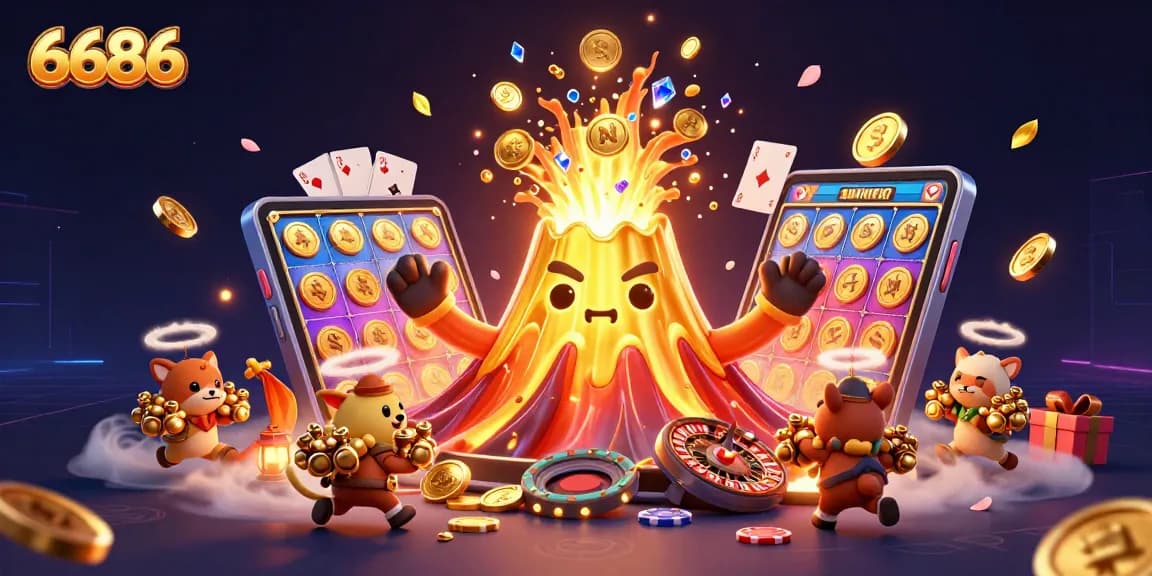 Experience the thrill of 6686 Casino's golden volcano and treasures in this vibrant gaming scene.