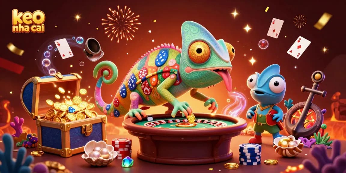 Engaging chameleon casino owner amidst vibrant keo nha cai elements in a colorful casino scene.