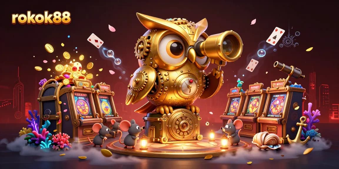 rokok88 offers a dynamic casino scene with a clockwork owl and gold elements for exciting gameplay.