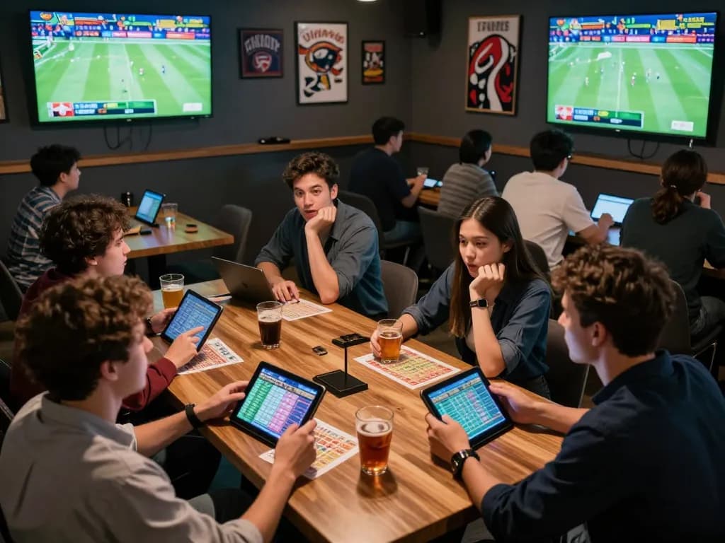 Engaged fans in a vibrant sports betting lounge analyzing keobongda odds on tablets.