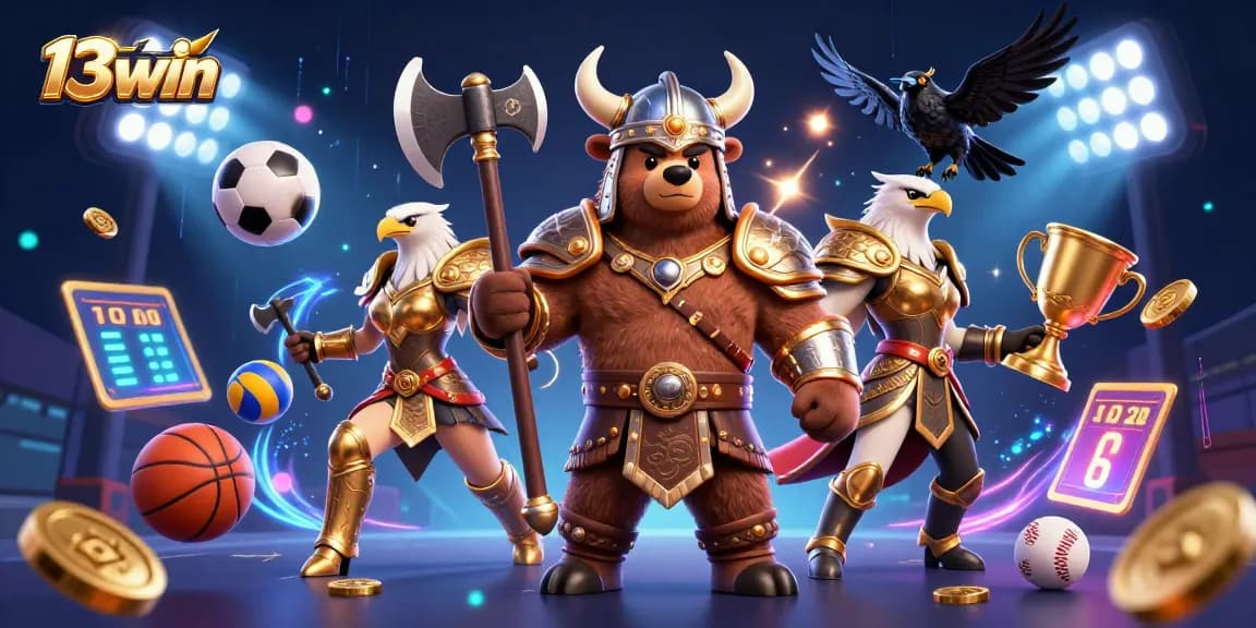 Experience exciting wins at 13win with dynamic sports and casino betting elements in a vibrant 3D scene.